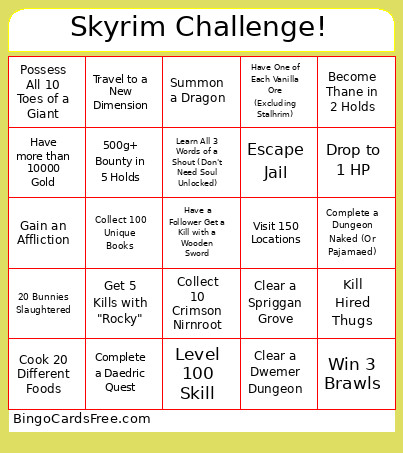 Skyrim Challenge Bingo Card