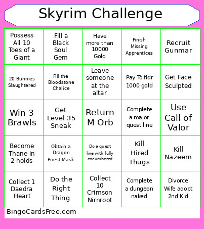 Skyrim Challenge Bingo Card 2