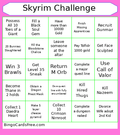 Skyrim Challenge Bingo Card