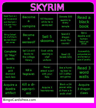 Skyrim Stupid Stuff Bingo Cards Free Pdf Printable Game, Title: SKYRIM