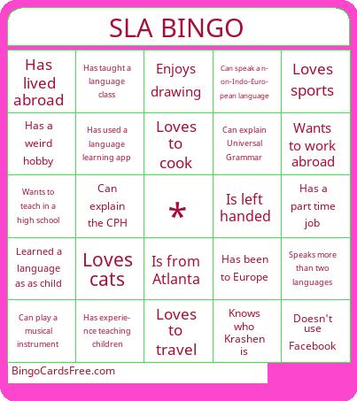 SLA Bingo Cards Free Pdf Printable Game, Title: SLA BINGO