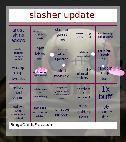 Slasher Update Bingo Card