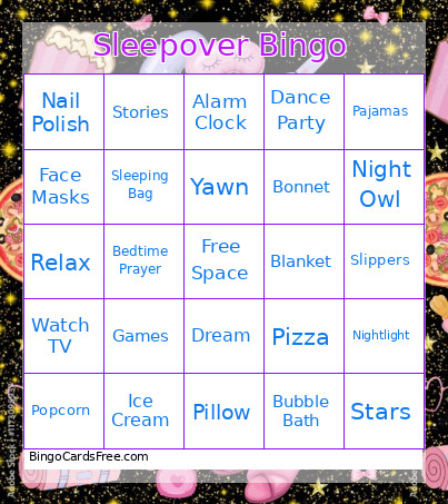 Sleepover Bingo Card