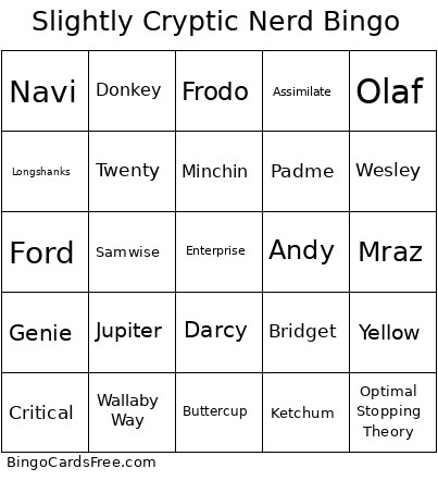 Slightly Cryptic Nerd Bingo Card