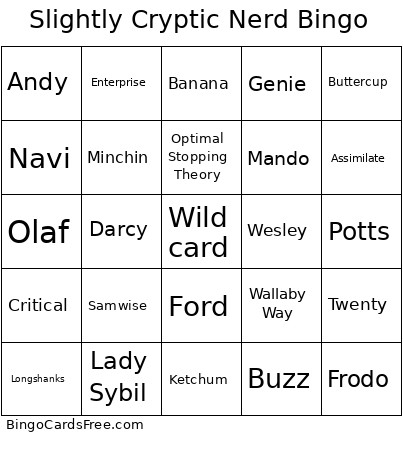 Slightly Cryptic Nerd Bingo Card