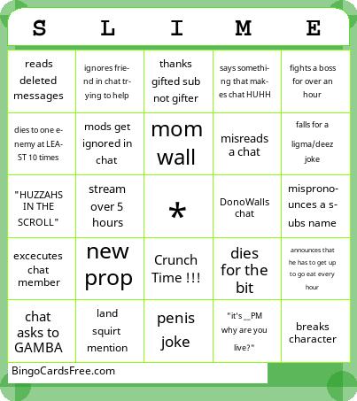 Slime Stream Bingo  Cards Free Pdf Printable Game, Title: SLIME