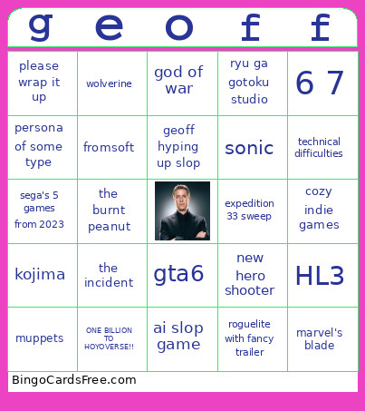 Slop Awards Bingo Card