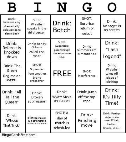 Smackdown Drinking Game Bingo Card