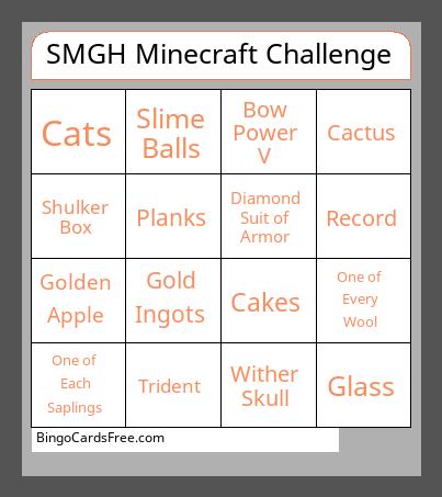 SMGH Minecraft Challenge Bingo Cards Free Pdf Printable Game, Title: SMGH Minecraft Challenge