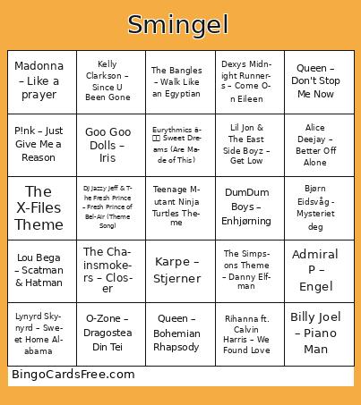 Smingel Bingo Cards Free Pdf Printable Game, Title: Smingel