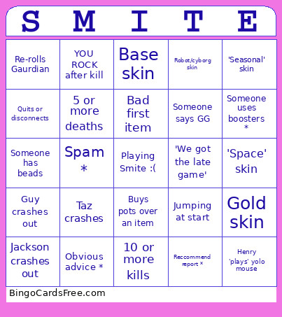 SMITE Bingo Card