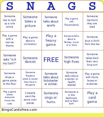SNAGS All Day Marathon Bingo Card