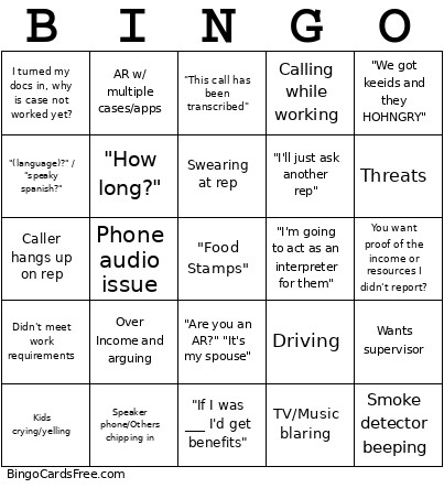SNAP Call Center Bingo Card