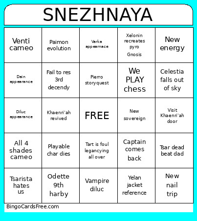 SNEZHNAYA Bingo Card