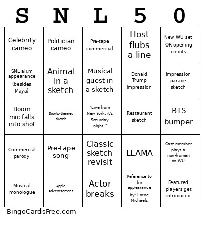 SNL50 Bingo Card