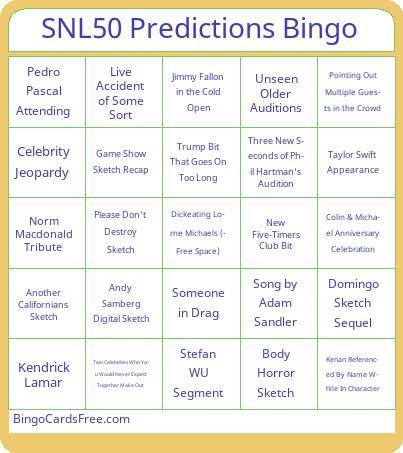 SNL50 Predictions Bingo Card