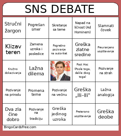 SNS DEBATE Bingo Card
