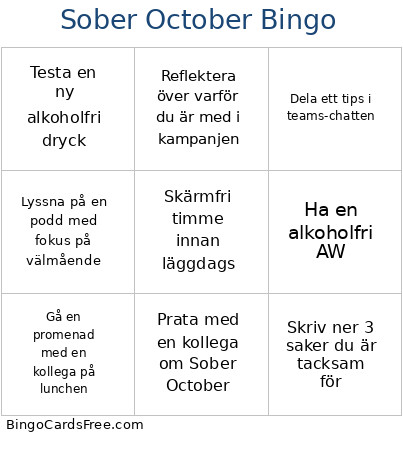 Sober October Bingo Card