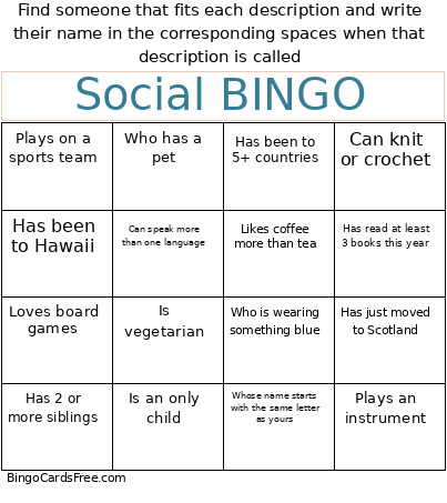 Social Bingo Card