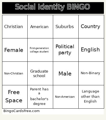 Social Identity Bingo Card
