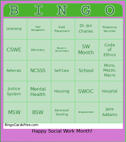 Social Work Bingo Card