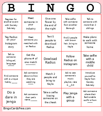 Society Sobriety Bingo Card