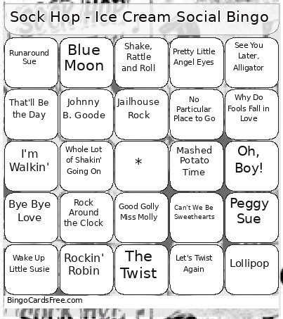Sock Hop - Ice Cream Social Bingo Card