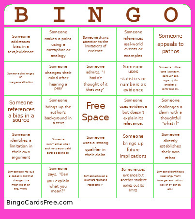 Socratic Seminar Bingo Card