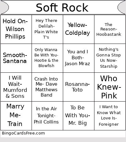 Soft Rock Bingo Cards Free Pdf Printable Game, Title: Soft Rock