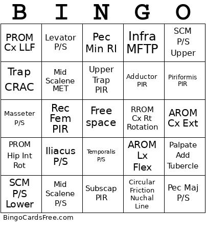 Soft Tissue Practice Bingo Card