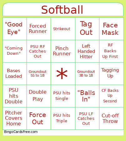Softball Bingo Card