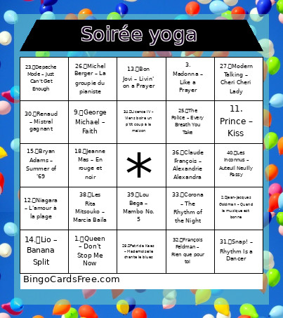 Soirée Yoga Bingo Card