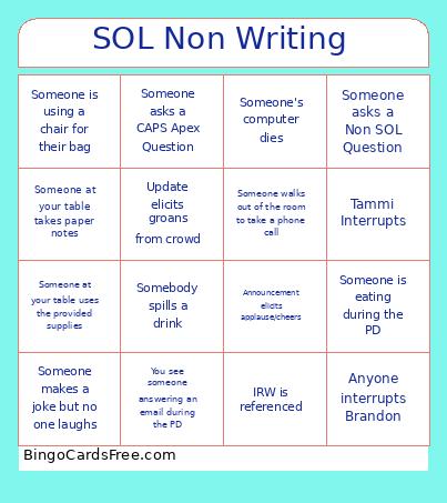 SOL Non Writing Bingo Card