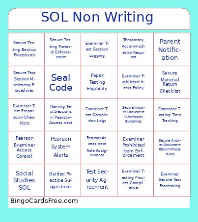 SOL Non Writing Bingo Cards Free Pdf Printable Game, Title: SOL Non Writing