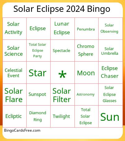 Solar Eclipse 2024 Bingo Cards Free Pdf Printable Game, Title: Solar Eclipse 2024 Bingo