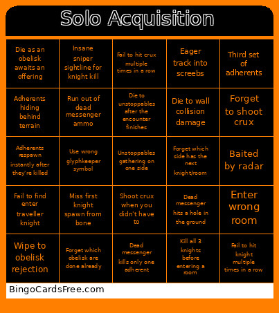 Solo Acquisition Bingo Card