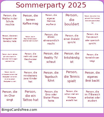Sommerparty 2025 Bingo
