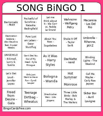 SONG 1 Bucht Bingo Card