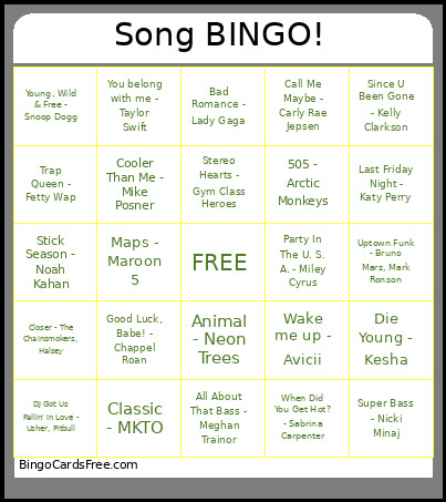 Song ! Bingo Card
