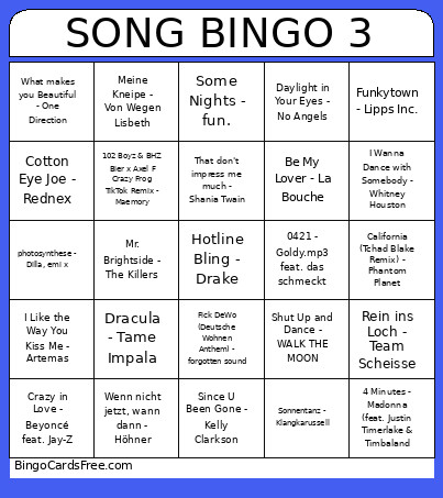Song 6 Bingo Card
