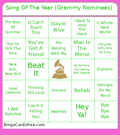 Song Of The Year (Grammy Nominees) Bingo Card