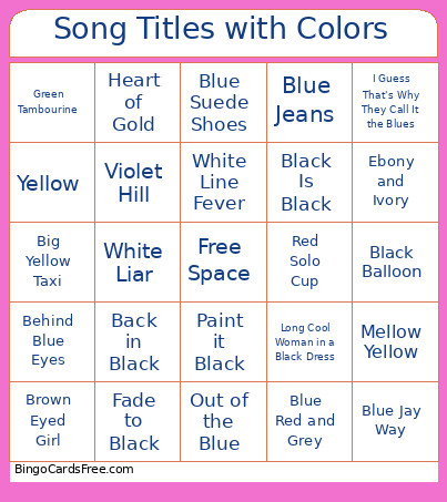 Song Titles With Colors Bingo Card