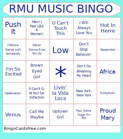 Song your single drunk aunt gets loose to at a wed Bingo Cards Free Pdf Printable Game, Title: RMU MUSIC BINGO