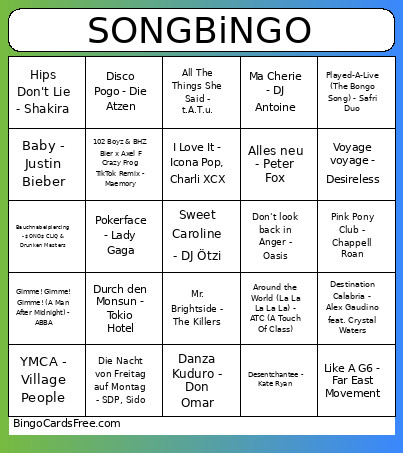 Song 2 Bingo Card