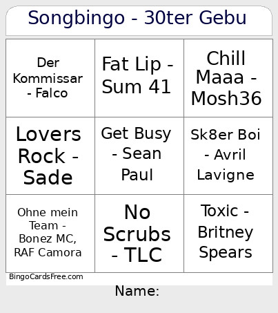 Song - 30ter Gebu Bingo Card