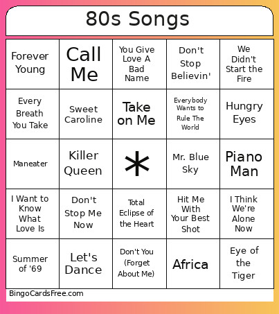 Songs 80s Bingo Card