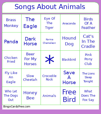 Songs About Animals Bingo Card