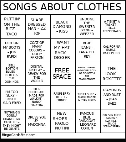 SONGS ABOUT CLOTHES Bingo Card