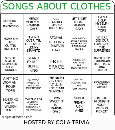 SONGS ABOUT CLOTHES Bingo Card