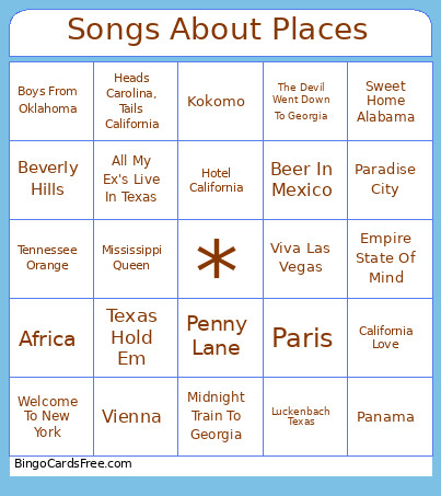 Songs About Places Bingo Card
